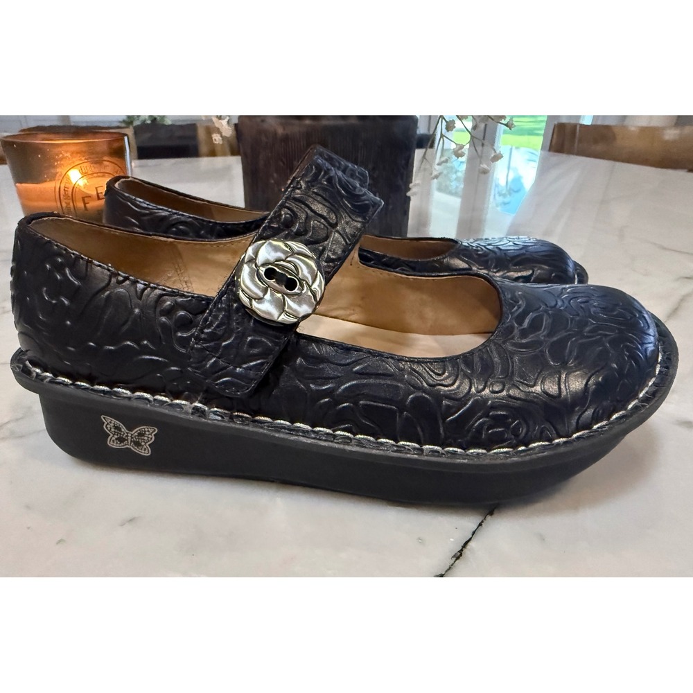 Alegria Paloma Black Embossed Rose Leather Mary Jane Clogs PAL-531 EU 36